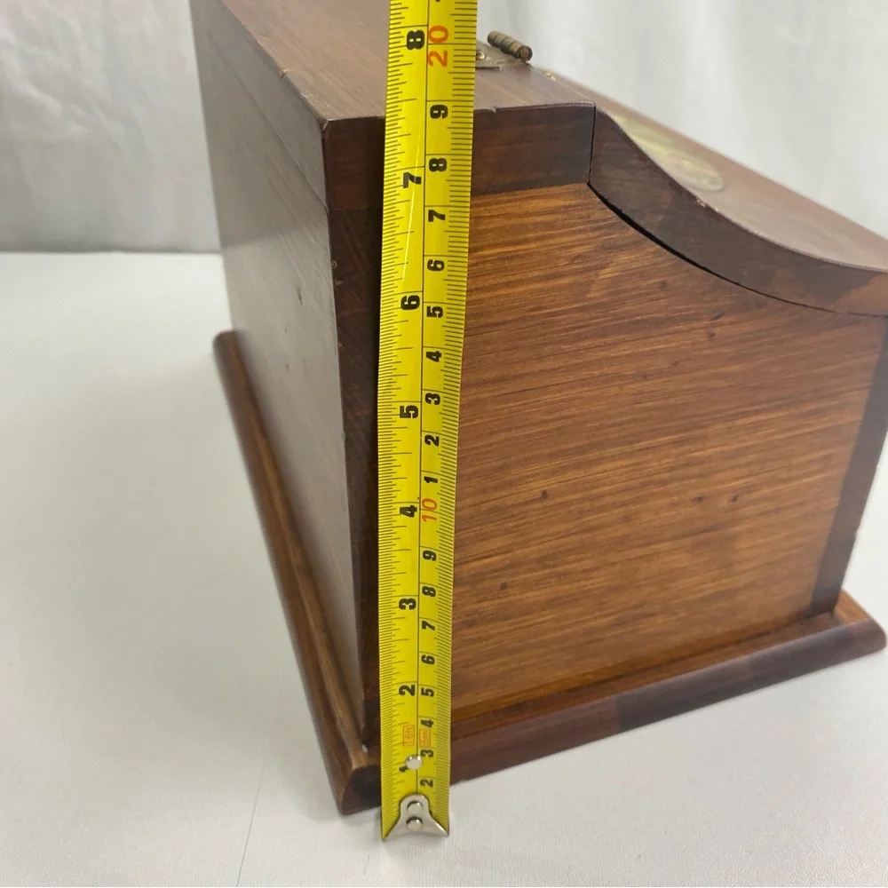Vintage solid wood brass hinge counter storage keepsake box Currier & Ives inla